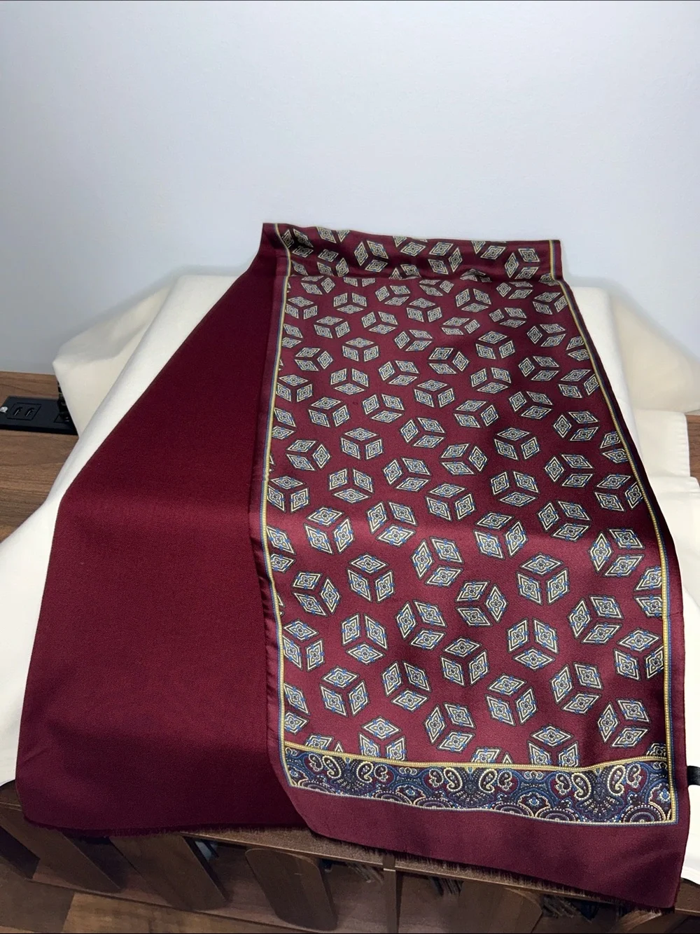 Vintage Silk Scarf for Men 1970s Burgundy Geometric Paisley Dandy Opera Style